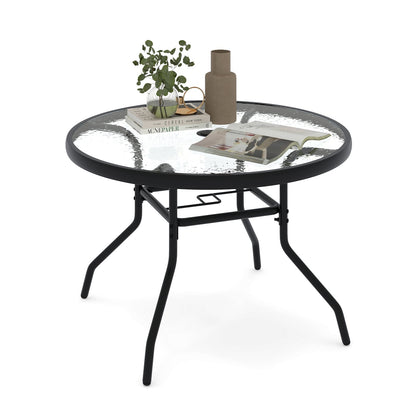 Patio Side Table Outdoor Round Bistro Table with Tempered Glass Top and Umbrella Hole