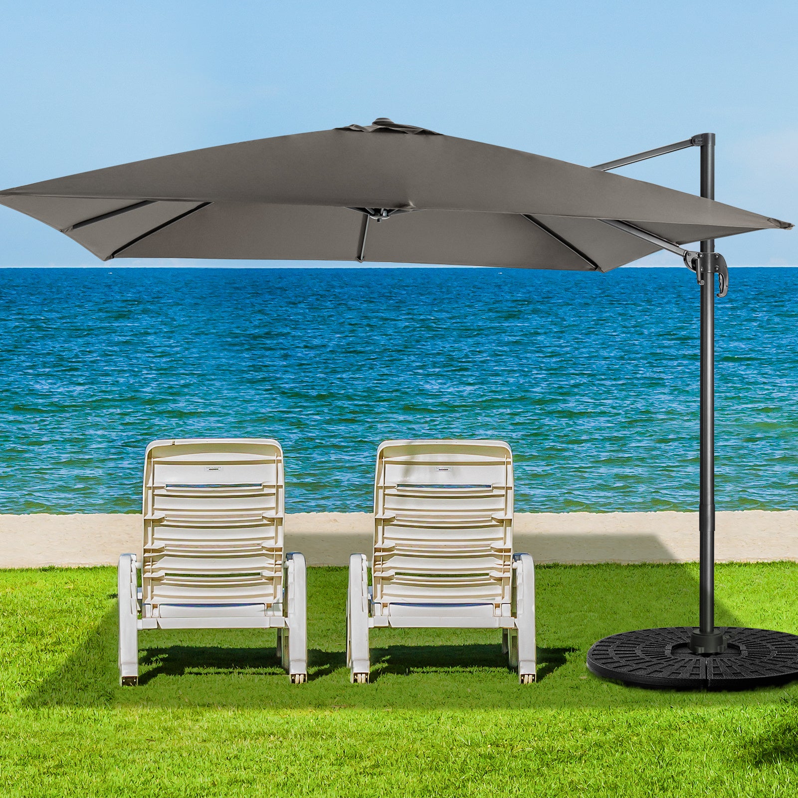 Patio Umbrella Square Offset with Cross Base and Tilt Adjustable-Grey