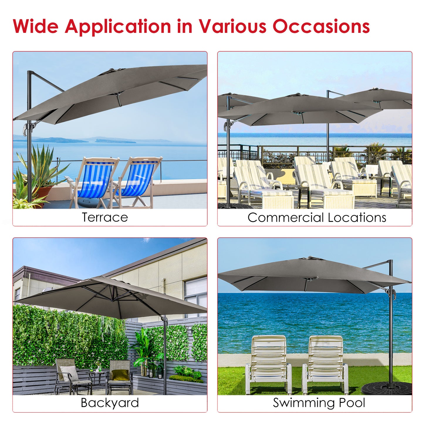 Patio Umbrella Square Offset with Cross Base and Tilt Adjustable-Grey