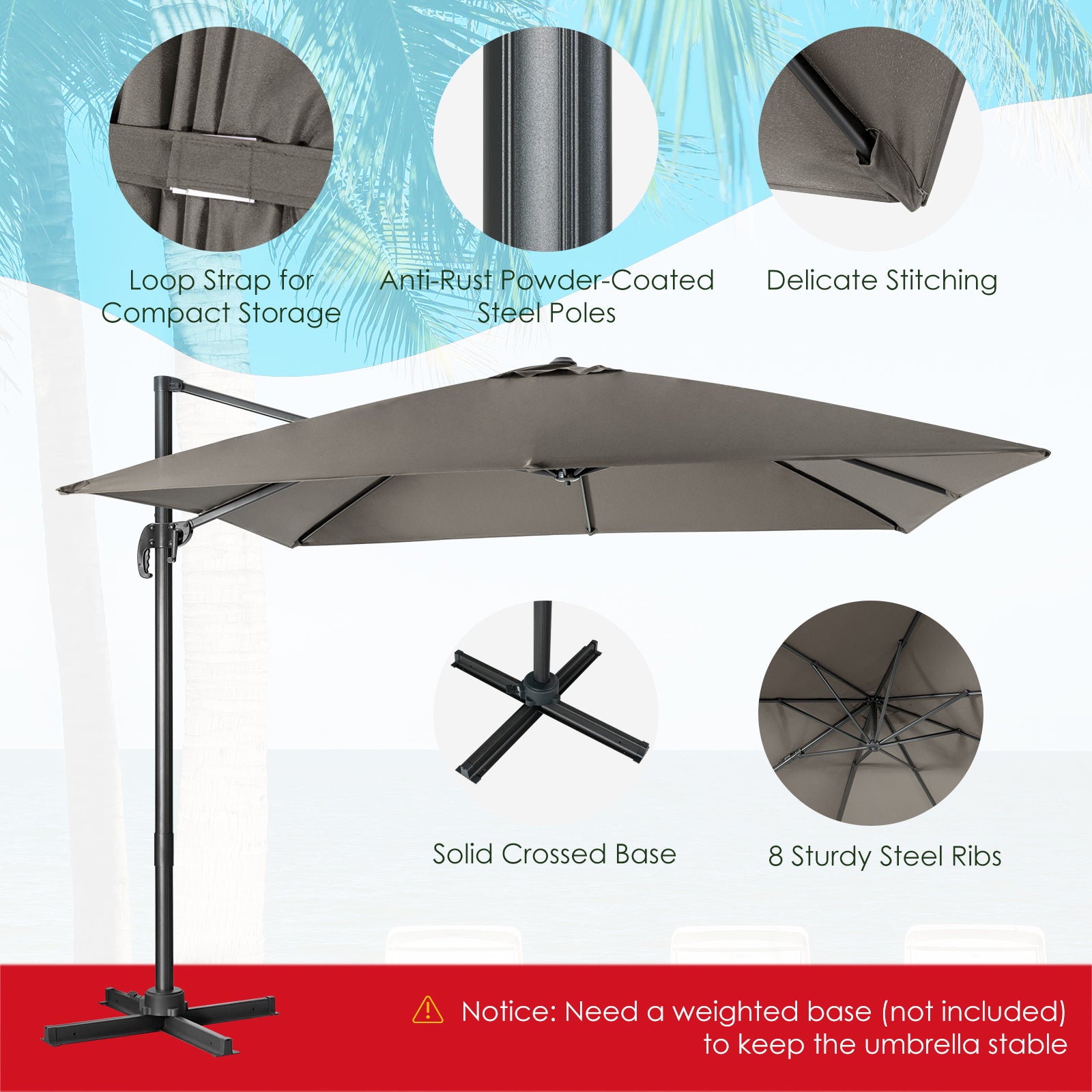 Patio Umbrella Square Offset with Cross Base and Tilt Adjustable-Grey