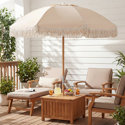 Patio Umbrella with Fringe Tassel Market Table Umbrella with Push Button Tilt-White