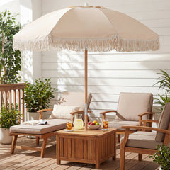 Patio Umbrella with Fringe Tassel Market Table Umbrella with Push Button Tilt-White