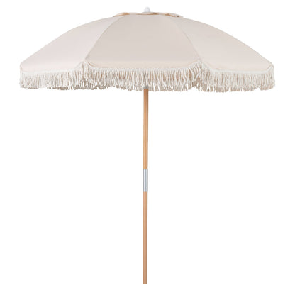 Patio Umbrella with Fringe Tassel Market Table Umbrella with Push Button Tilt-White