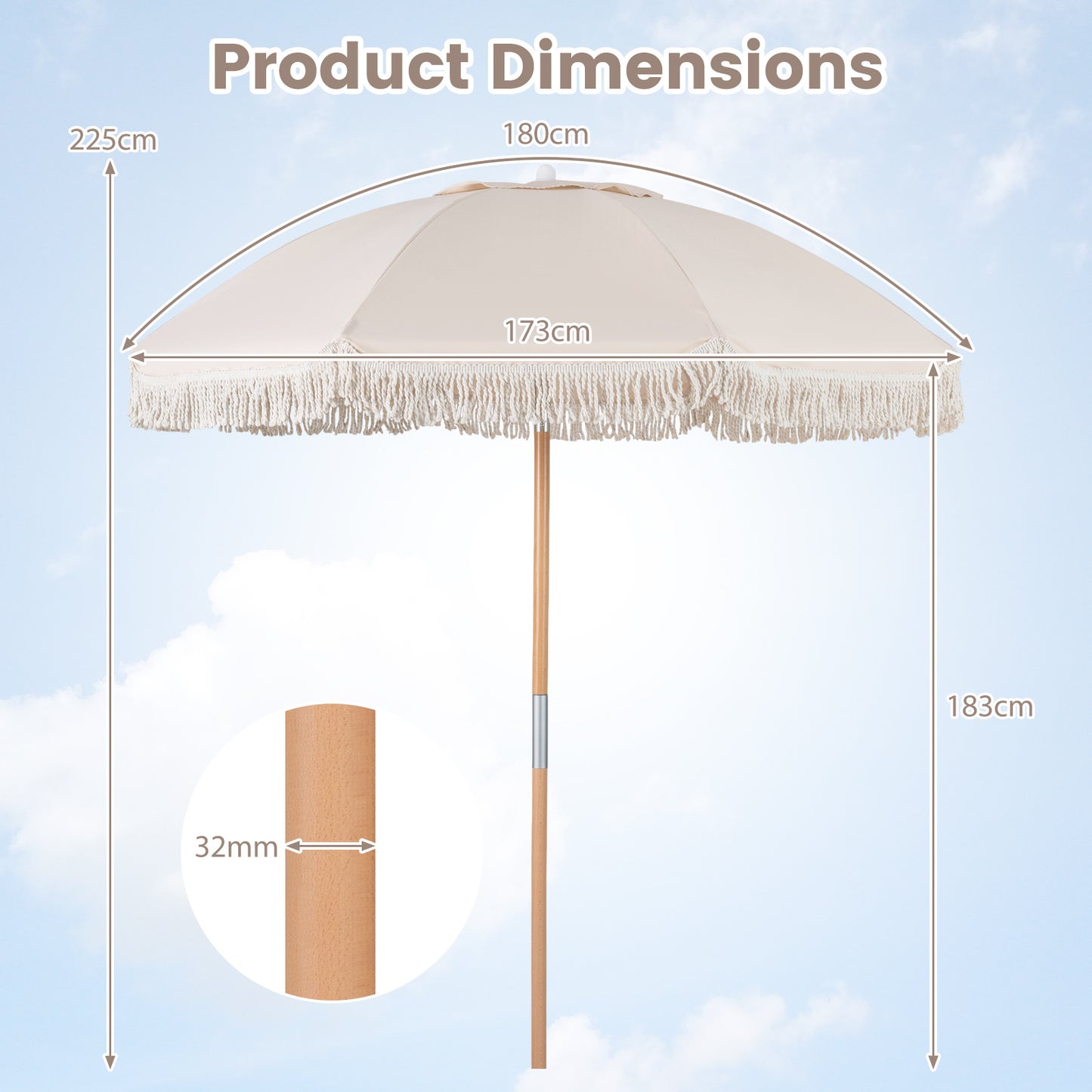 Patio Umbrella with Fringe Tassel Market Table Umbrella with Push Button Tilt-White