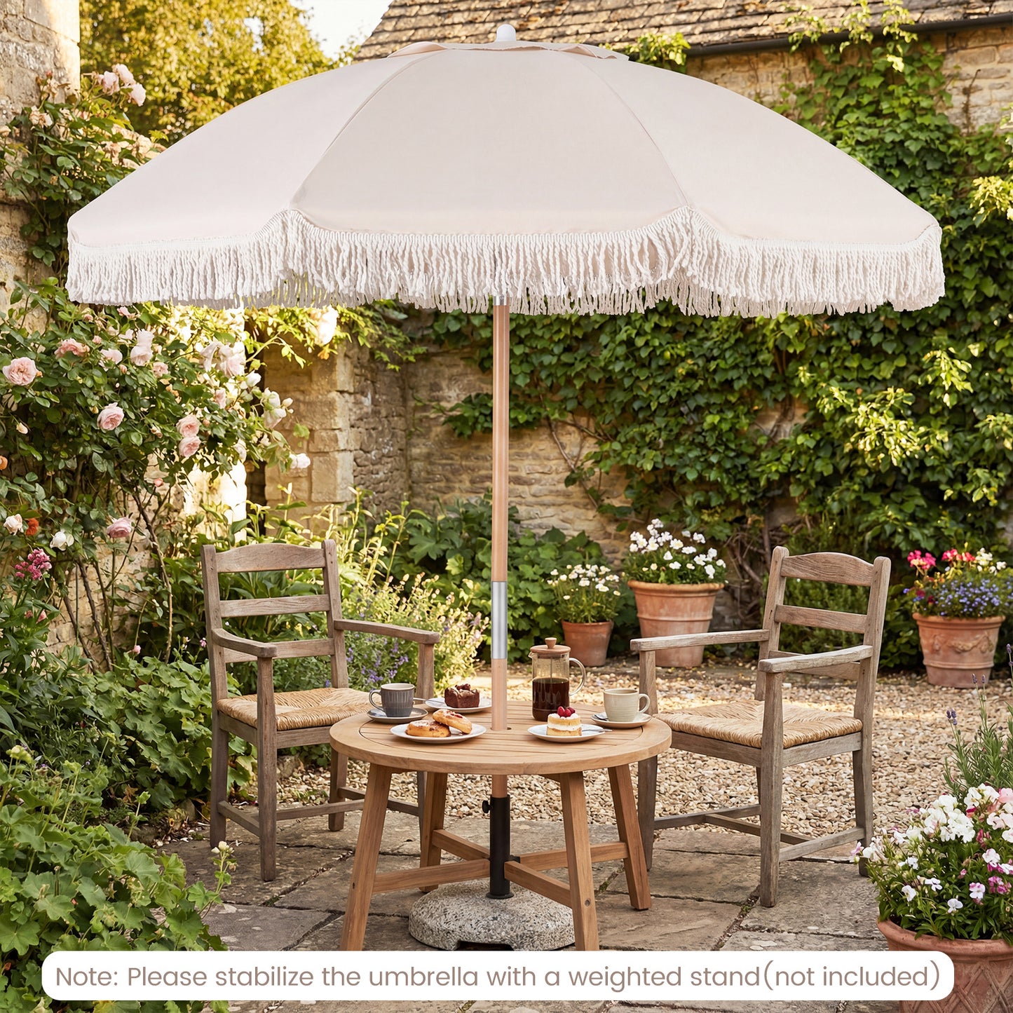 Patio Umbrella with Fringe Tassel Market Table Umbrella with Push Button Tilt-White
