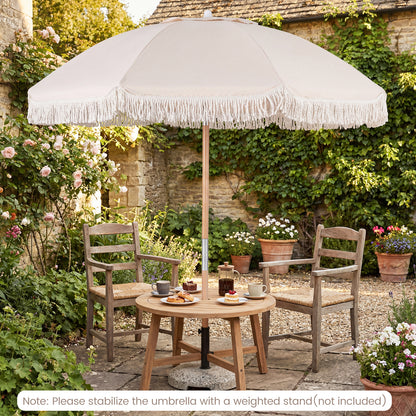 Patio Umbrella with Fringe Tassel Market Table Umbrella with Push Button Tilt-White