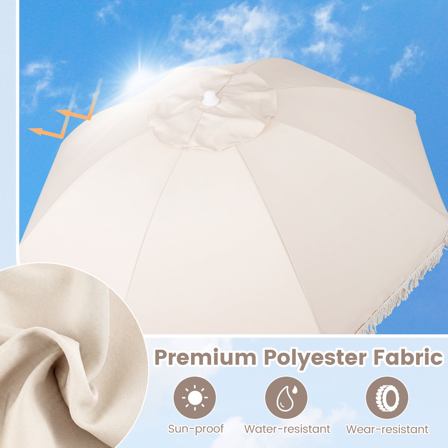 Patio Umbrella with Fringe Tassel Market Table Umbrella with Push Button Tilt-White