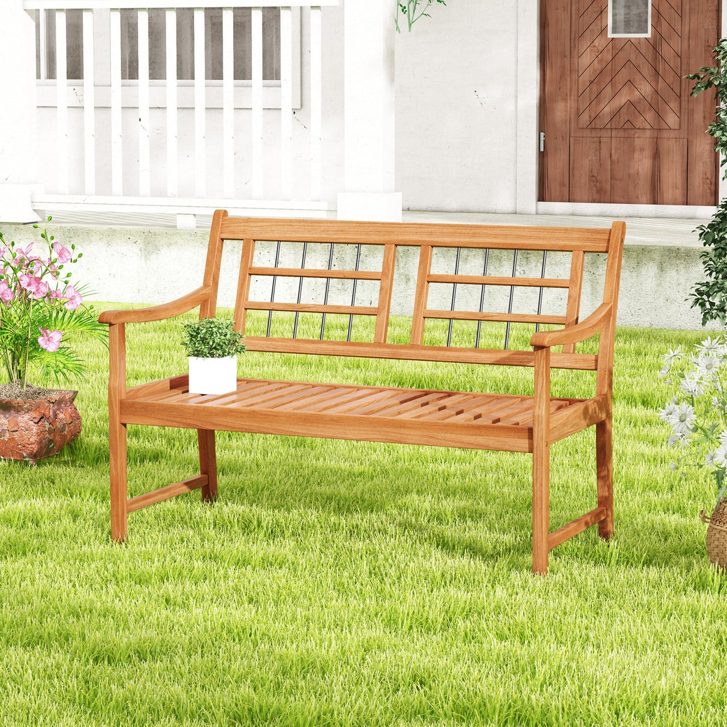 Patio Acacia Wood Bench Wooden 2-Person Outside Chair