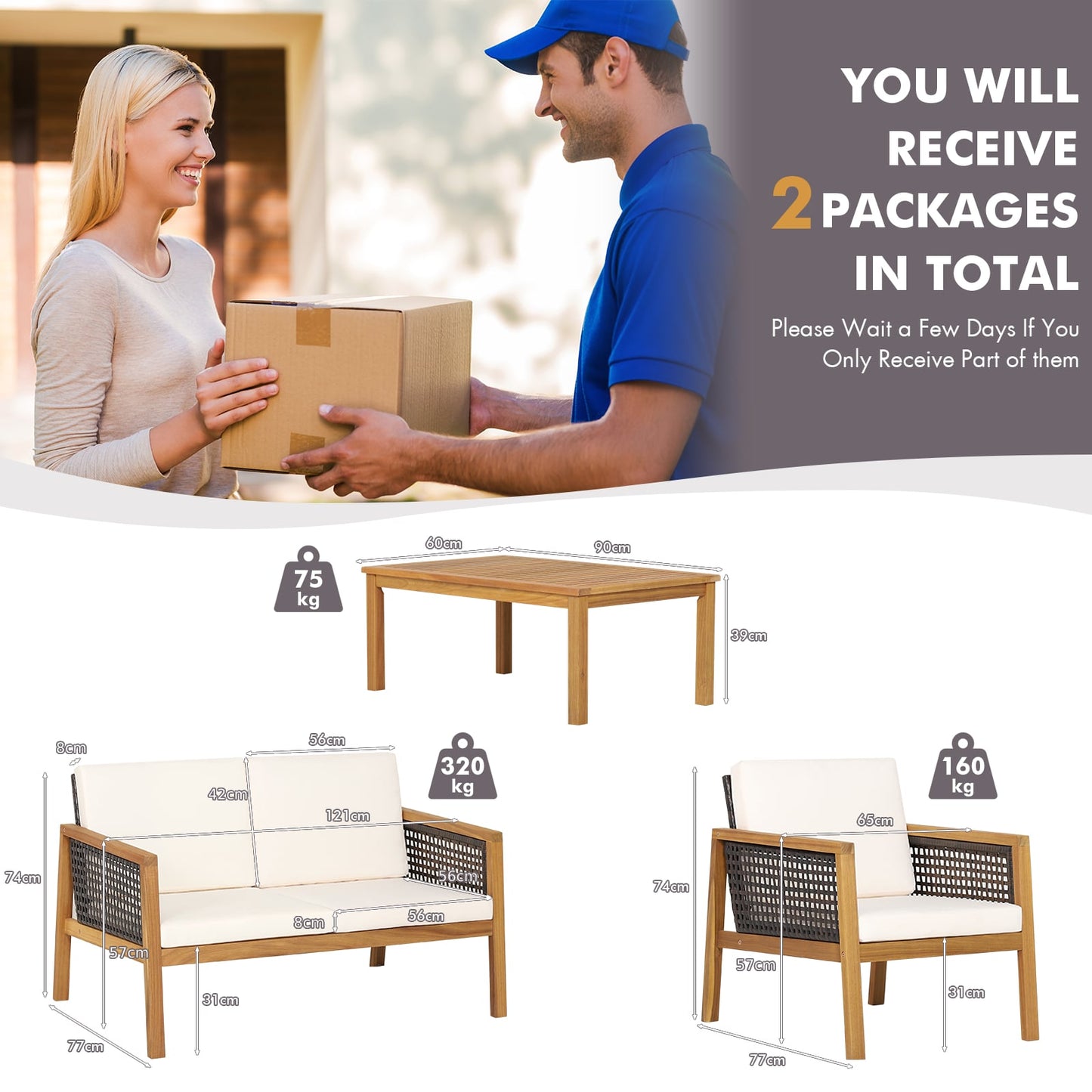 4-Piece Patio Acacia Wood Furniture Set with Removable Cushions-White
