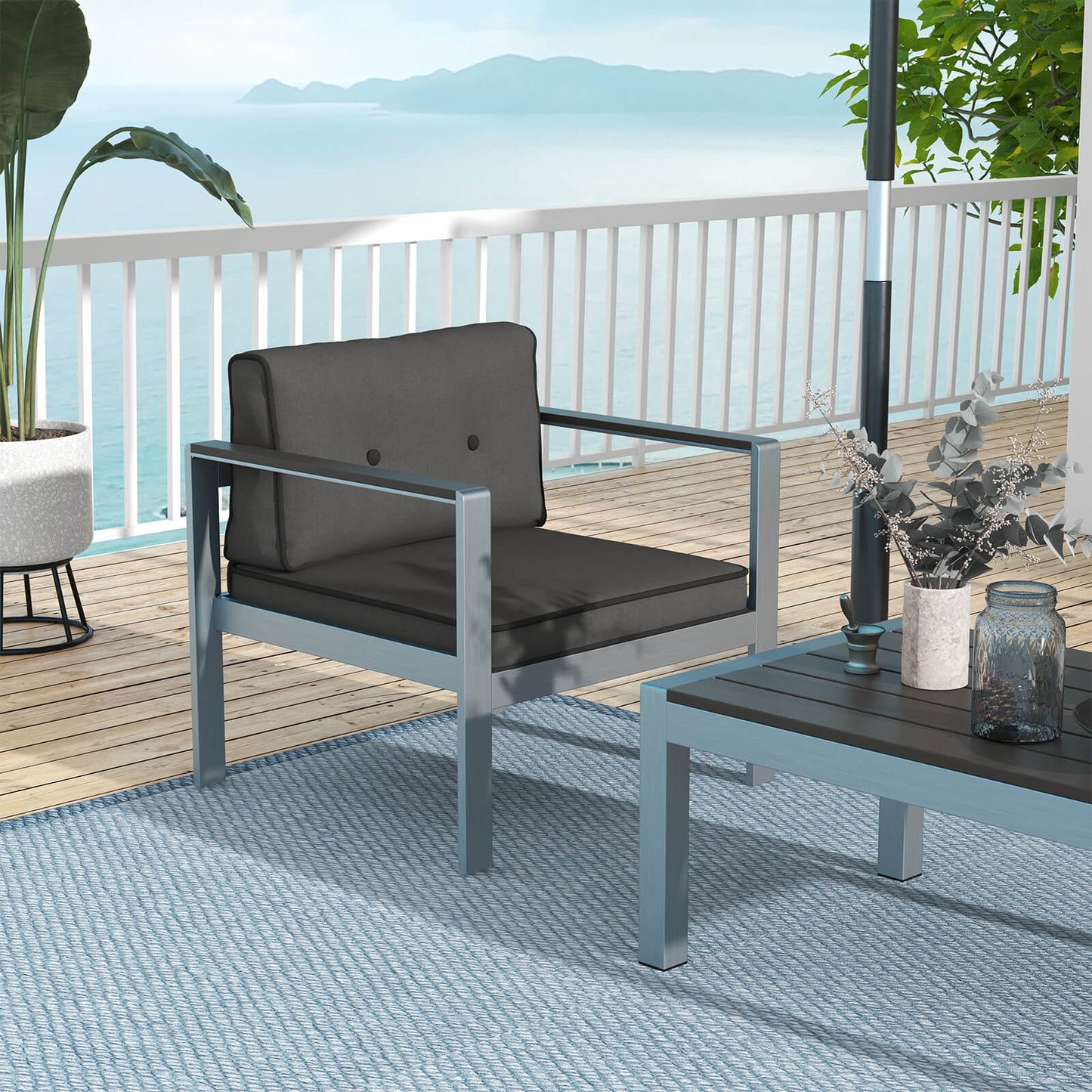 Patio Aluminum Armchair with Cushions Outdoor Sofa Chair-Grey