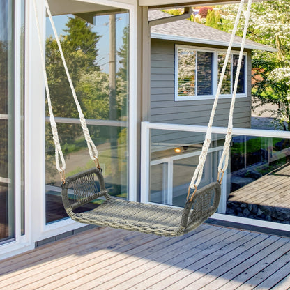 Patio Backless Rattan Swing Bench with Hanging Ropes