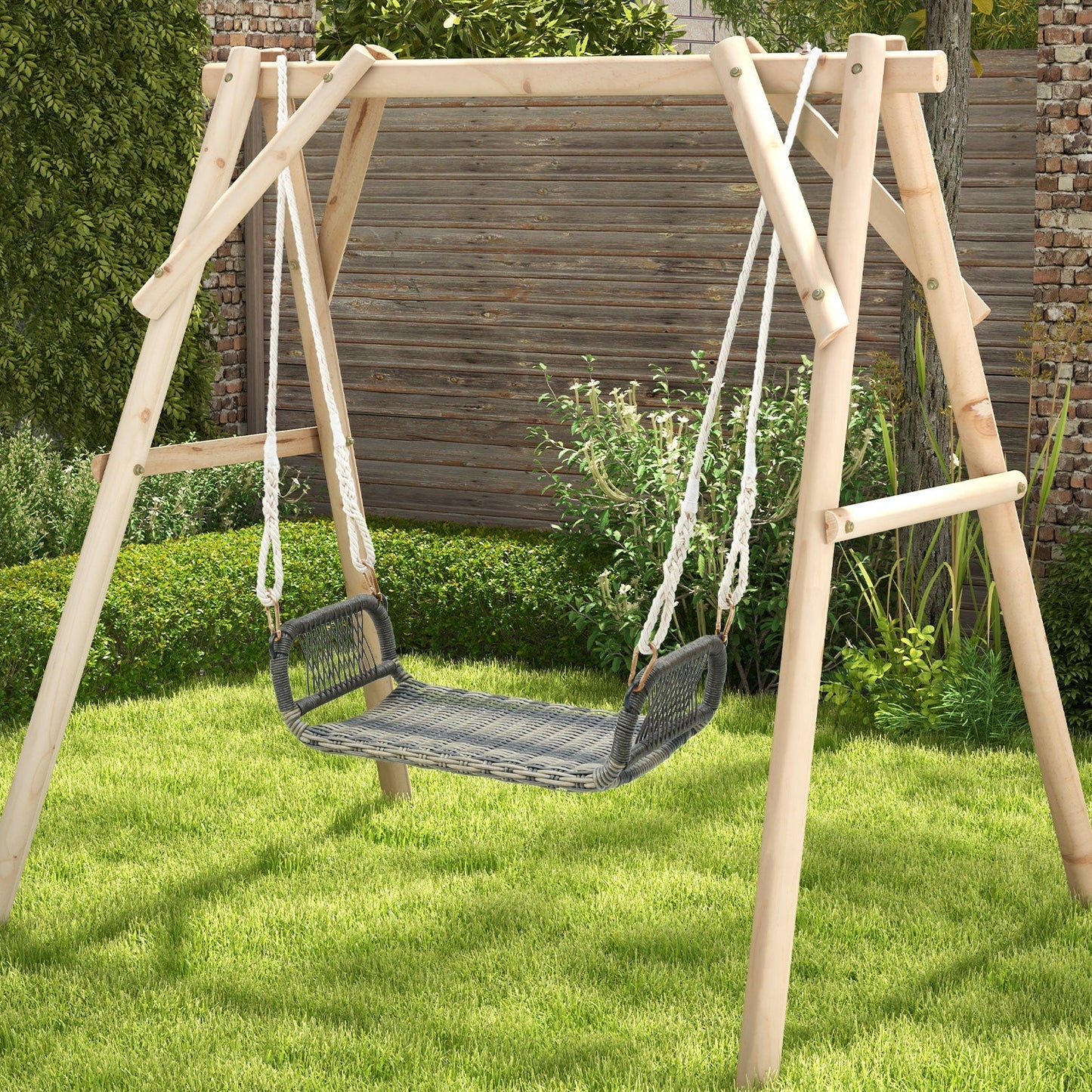 Patio Backless Rattan Swing Bench with Hanging Ropes