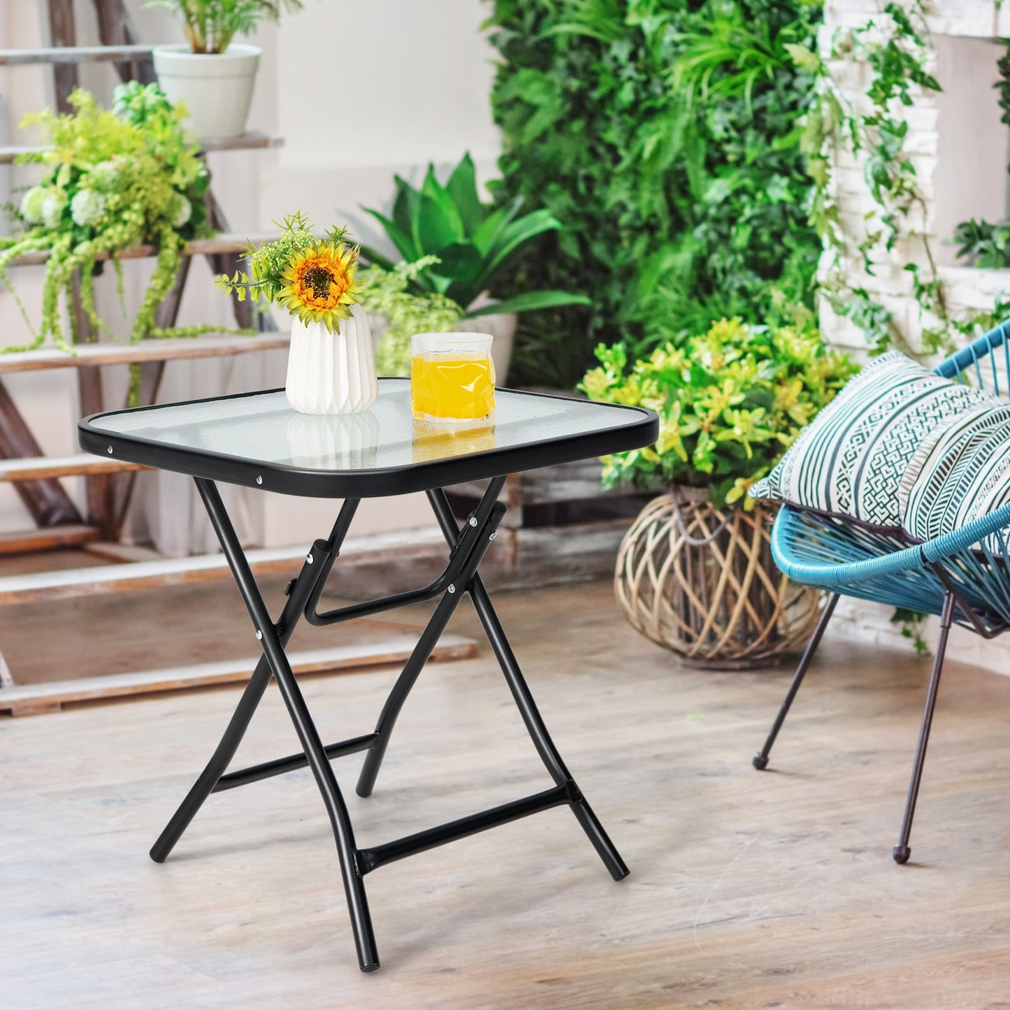 Patio Bistro Table Square Glass Side Table with Rustproof Frame