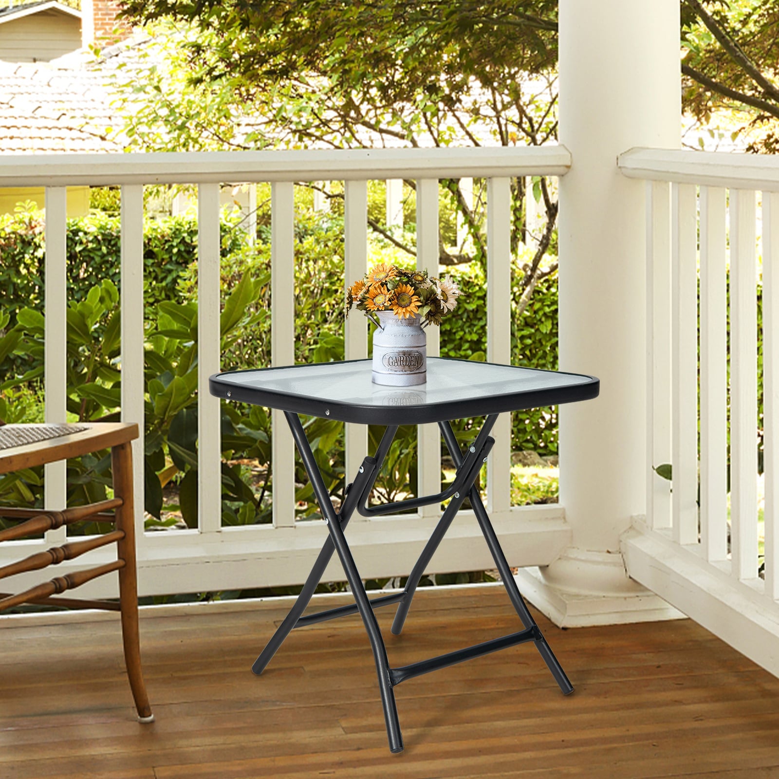 Patio Bistro Table Square Glass Side Table with Rustproof Frame