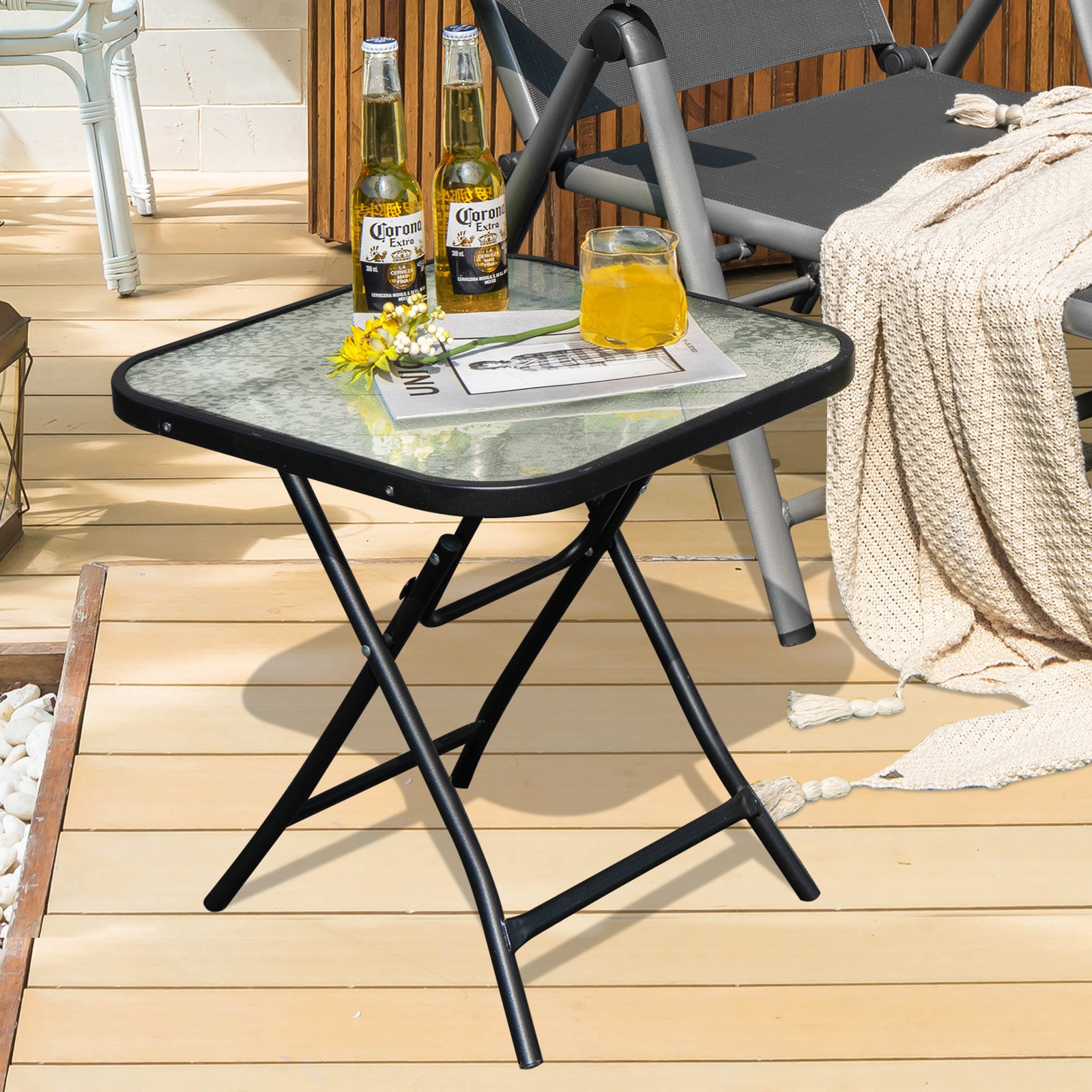 Patio Bistro Table Square Glass Side Table with Rustproof Frame