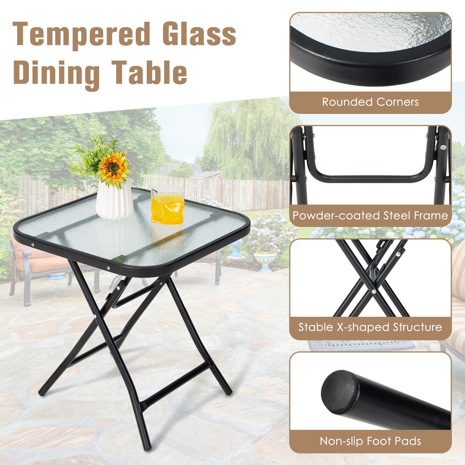 Patio Bistro Table Square Glass Side Table with Rustproof Frame