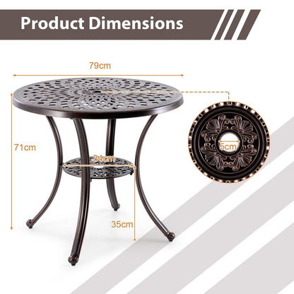 79 cm Patio Cast Aluminum Table with Umbrella Hole and Bottom Shelf-Copper