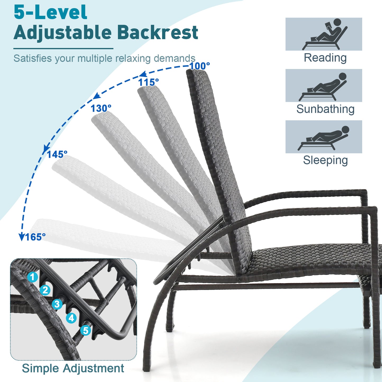 Patio Chaise Lounge with 5-Level Adjustable Backrest-Brown