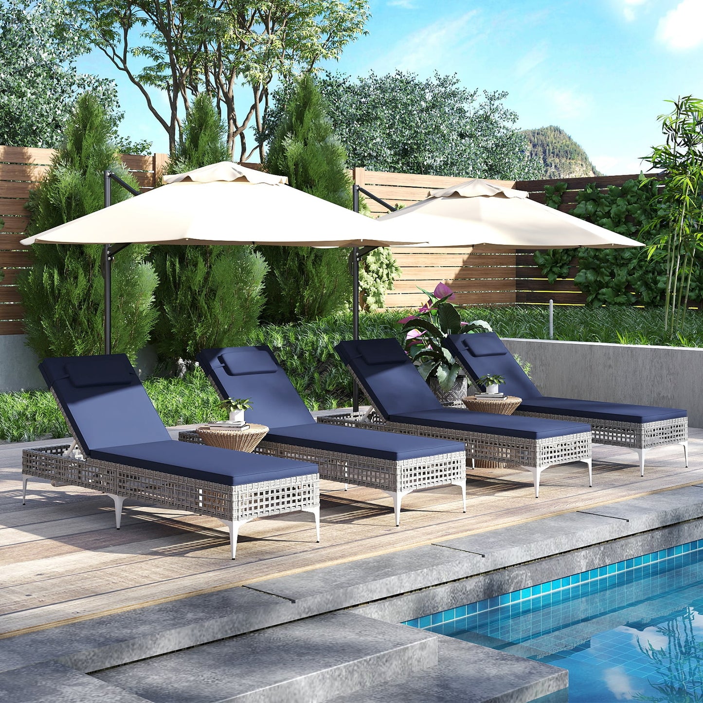 Patio Chaise Lounge PE Wicker Reclining Sun Lounger with 6-Level Adjustable Backrest-Navy-1 Piece