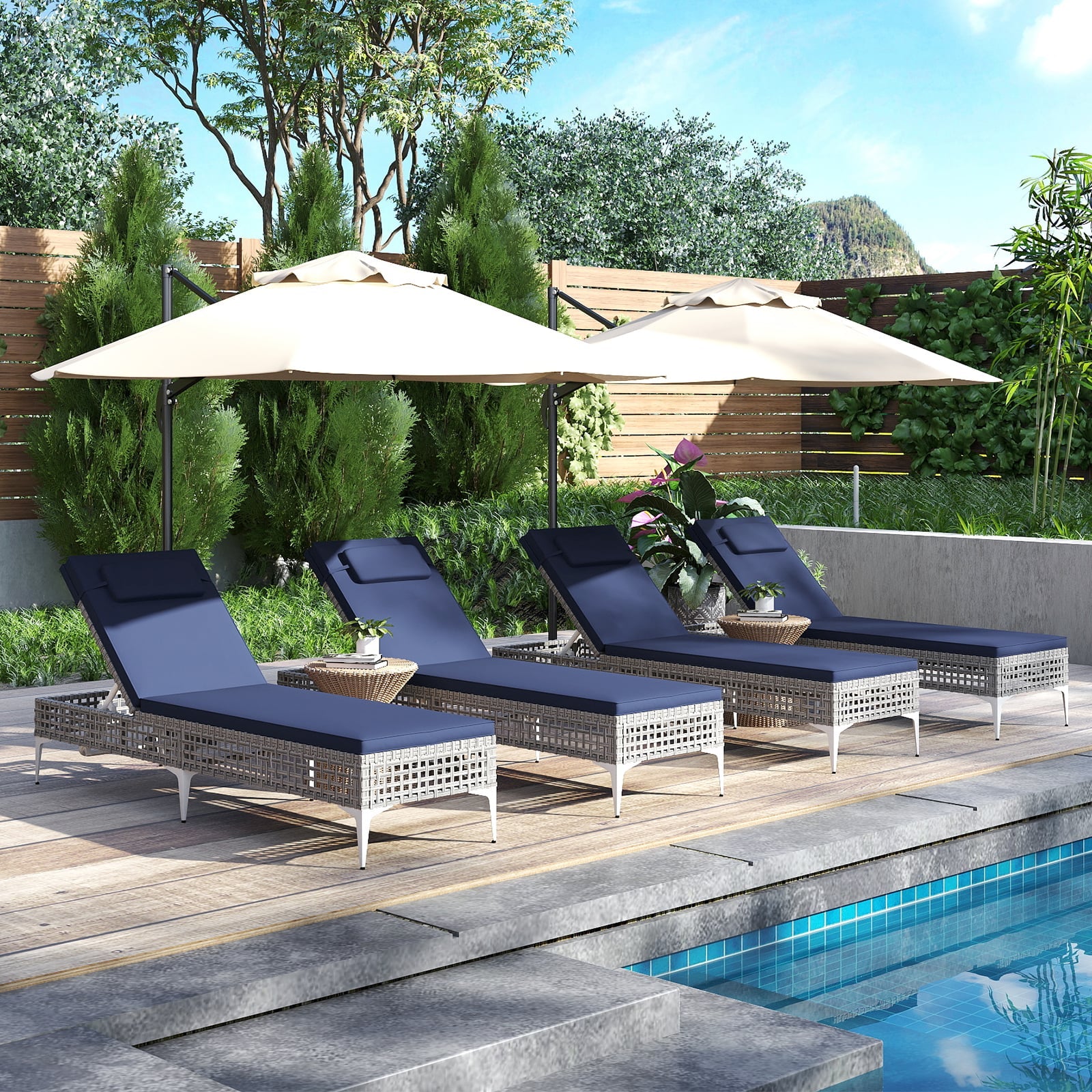 Patio Chaise Lounge PE Wicker Reclining Sun Lounger with 6-Level Adjustable Backrest-Navy-1 Piece