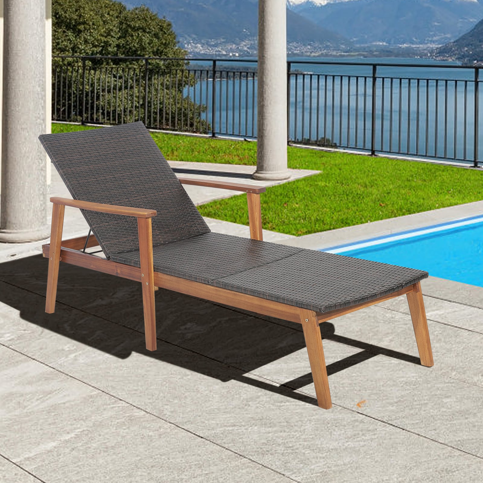 Patio Chaise Lounge Chair Rattan Recliner with 4-Level Adjustable Backrest