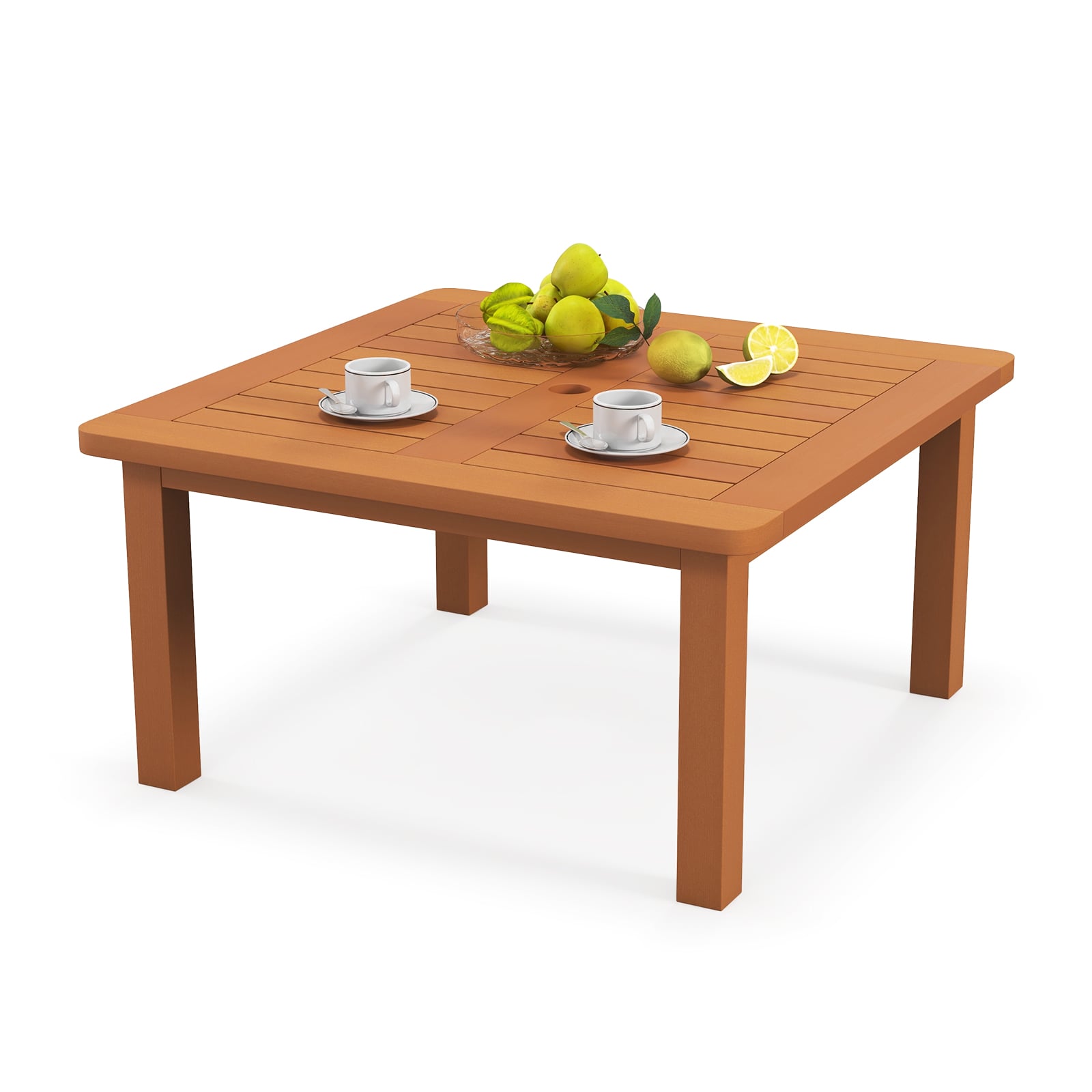 Patio Coffee Table with Umbrella Hole Outdoor Solid Wood End Table
