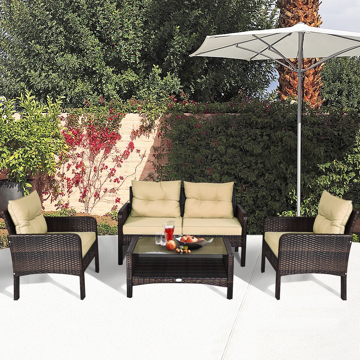 4 Pieces PE Rattan Patio Conversation Set-Yellow