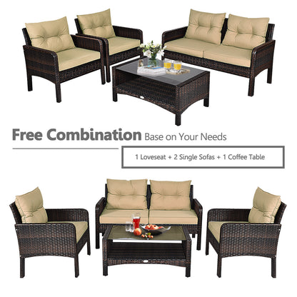 4 Pieces PE Rattan Patio Conversation Set-Yellow
