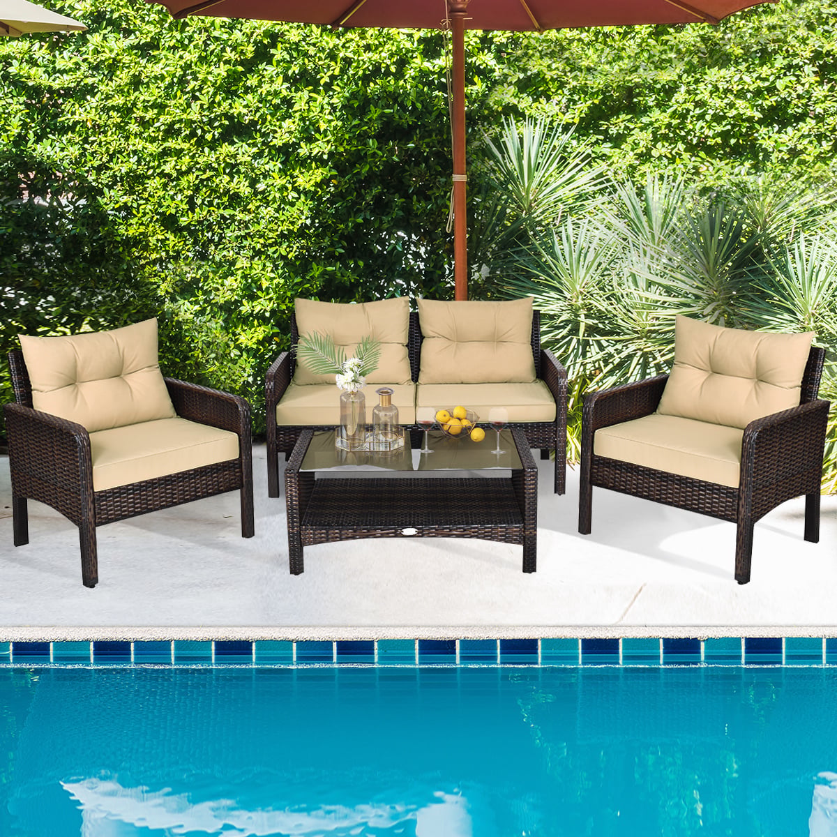4 Pieces PE Rattan Patio Conversation Set-Yellow