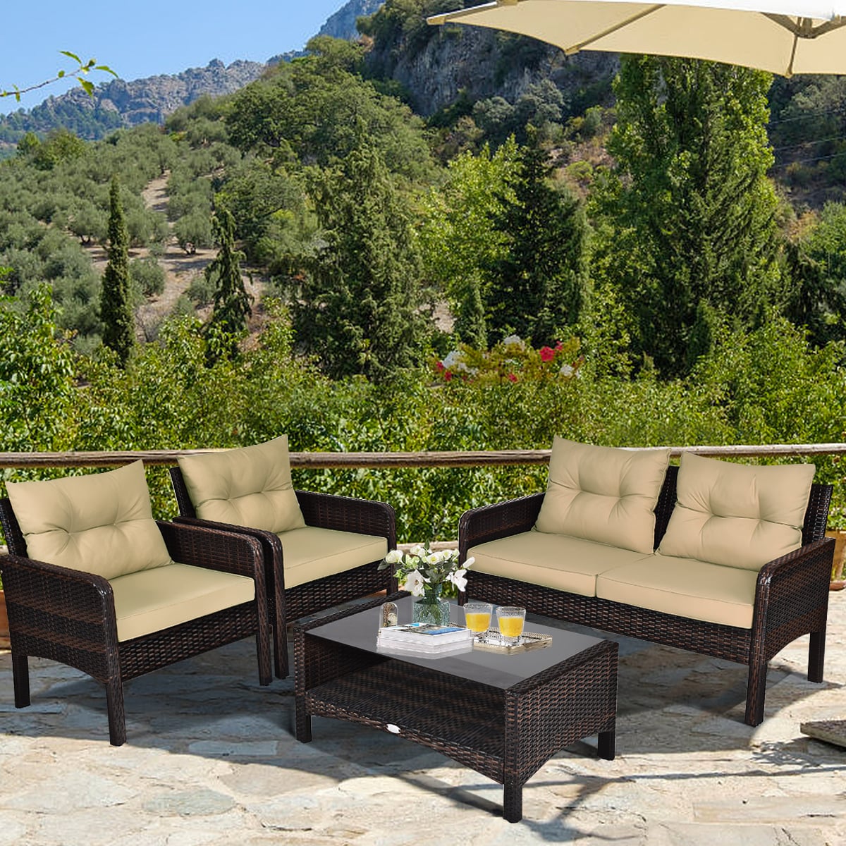 4 Pieces PE Rattan Patio Conversation Set-Yellow