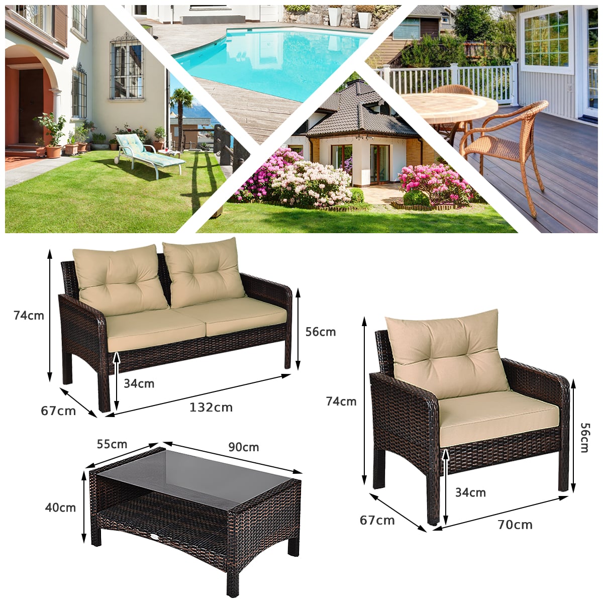 4 Pieces PE Rattan Patio Conversation Set-Yellow