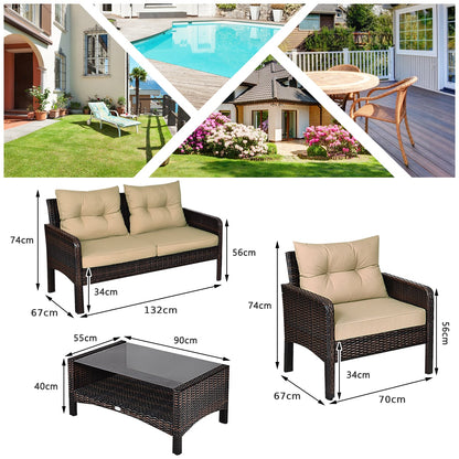 4 Pieces PE Rattan Patio Conversation Set-Yellow