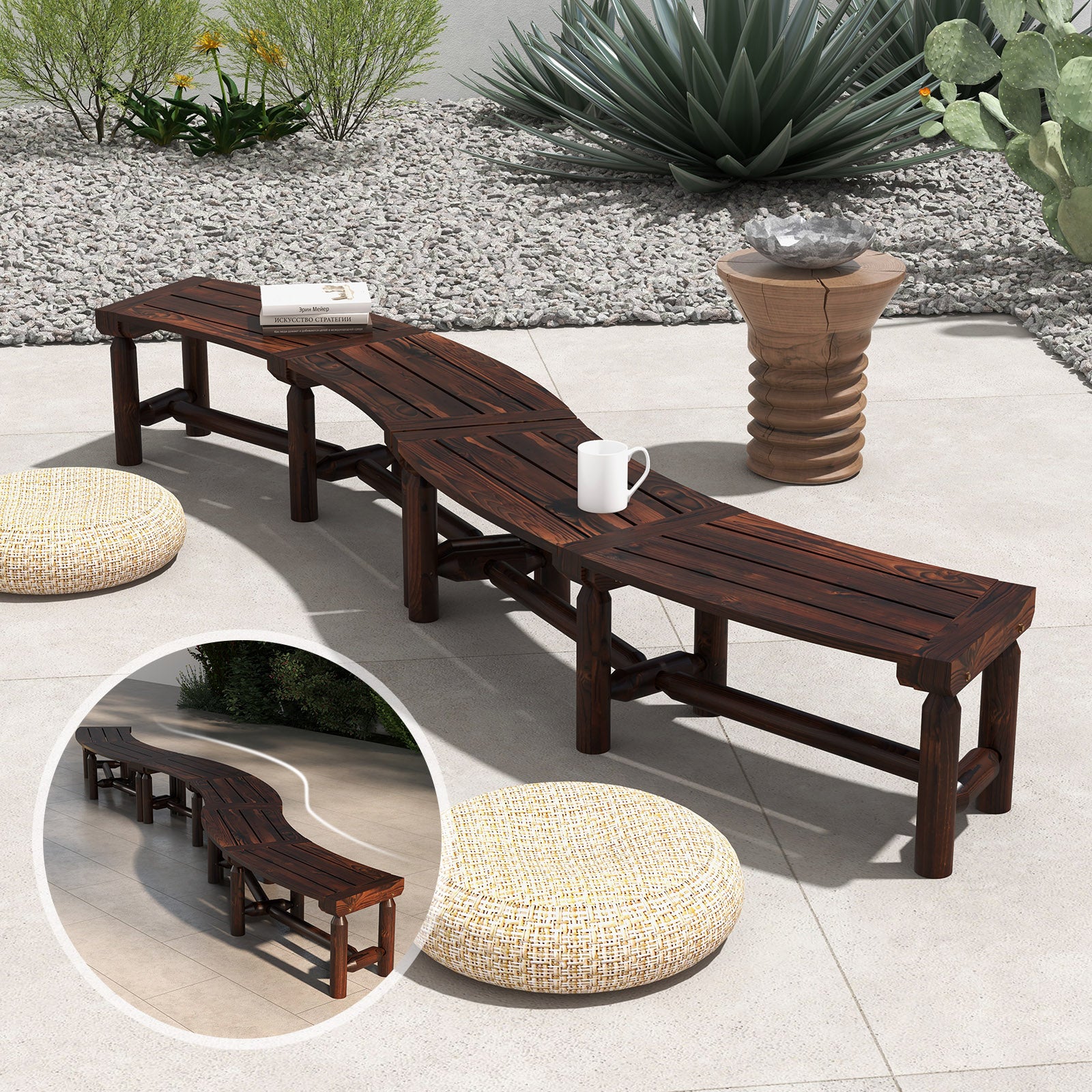 Patio Curved Bench Carbonized Wood Dining Bench for Round Table
