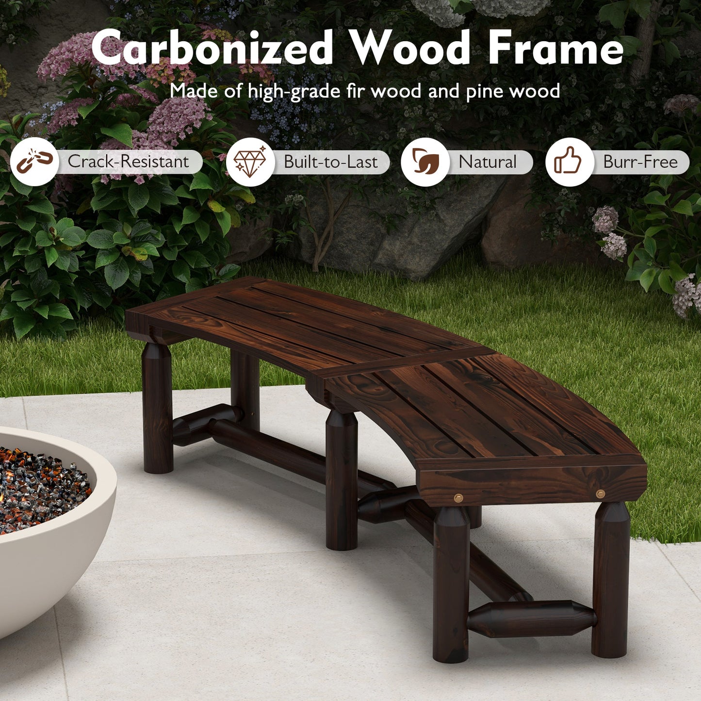 Patio Curved Bench Carbonized Wood Dining Bench for Round Table