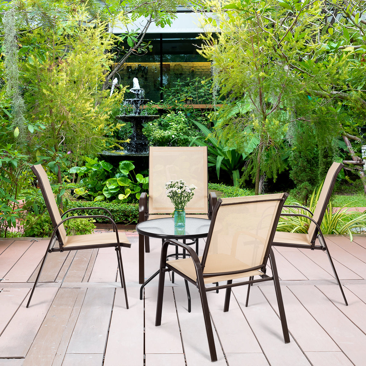 2 Piece Patio Outdoor Camping Chairs Set with Breathable Fabric-Coffee