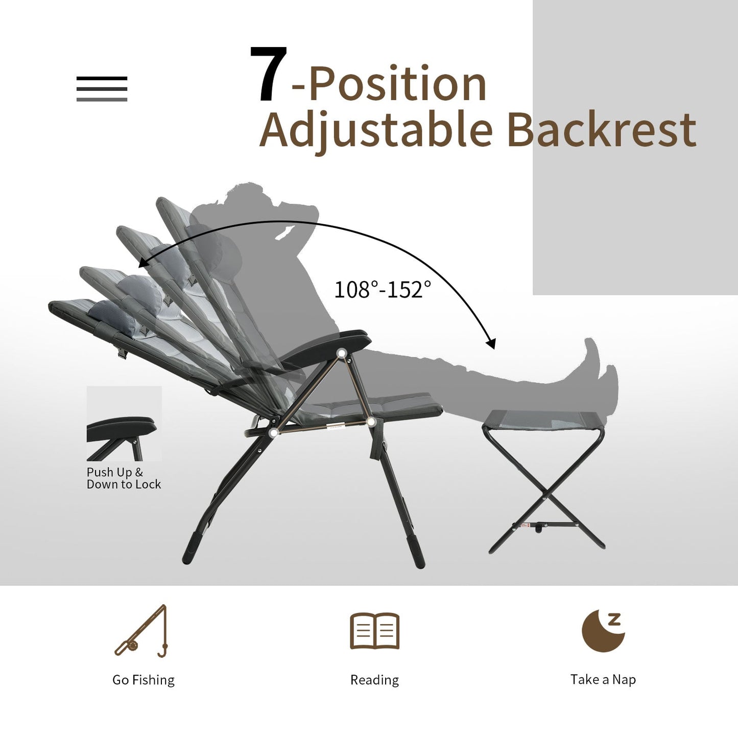 Set of 4 Patio Dining Chairs and Ottoman with 7-Position Adjustable Backrest-Grey