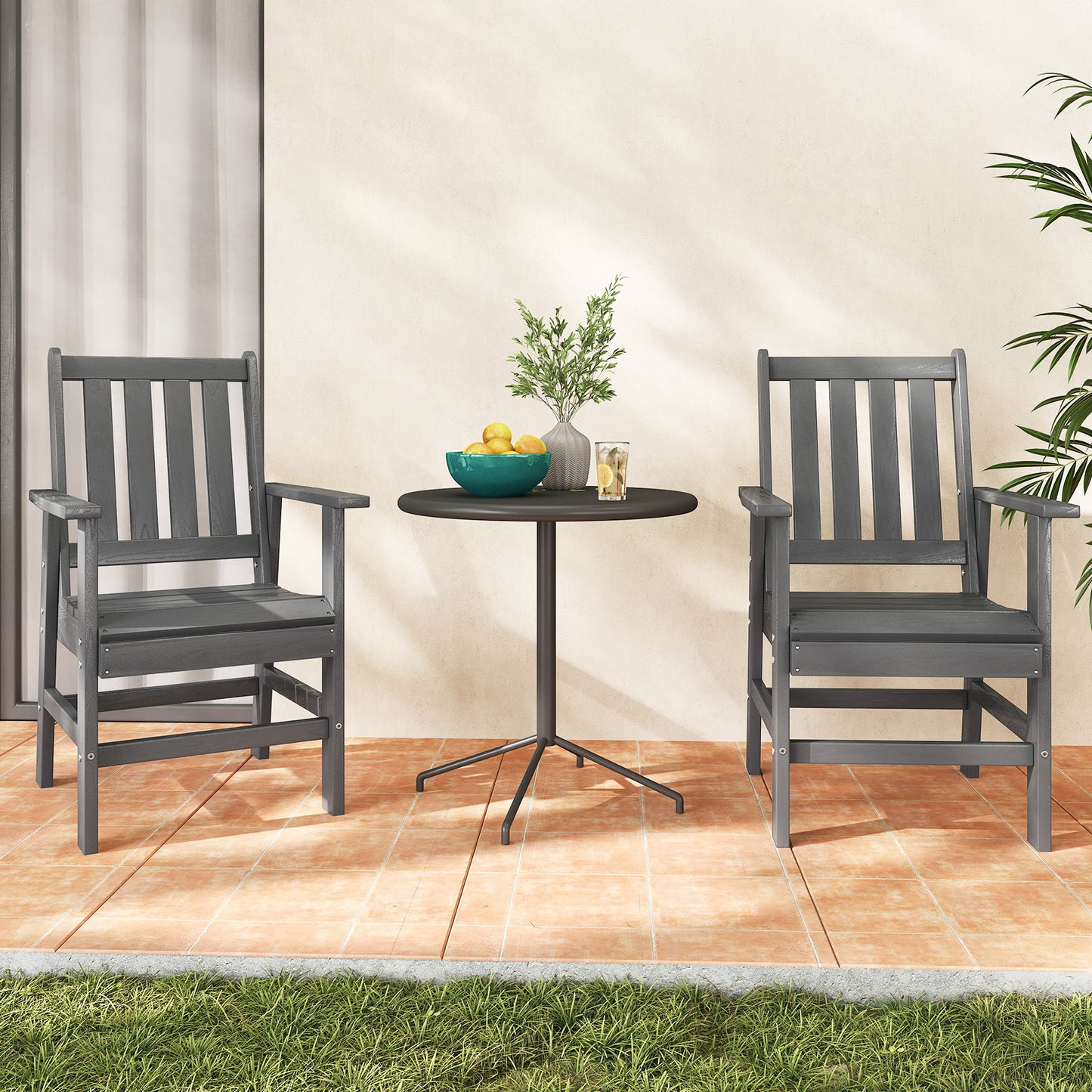 Patio Dining Chair HDPE All Weather Adirondack Armchair with Curved Seat-Grey