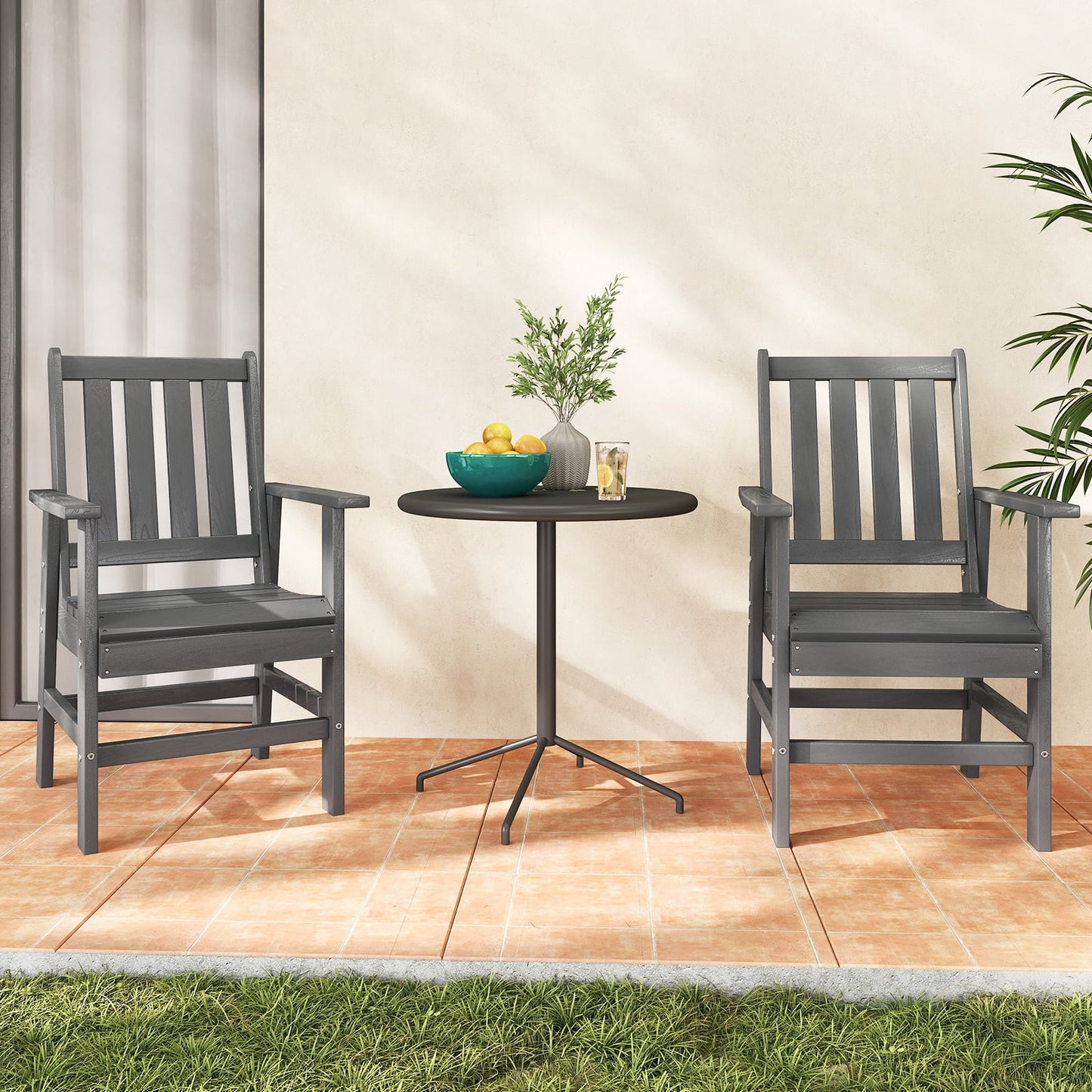 Patio Dining Chair HDPE All Weather Adirondack Armchair with Curved Seat-Grey