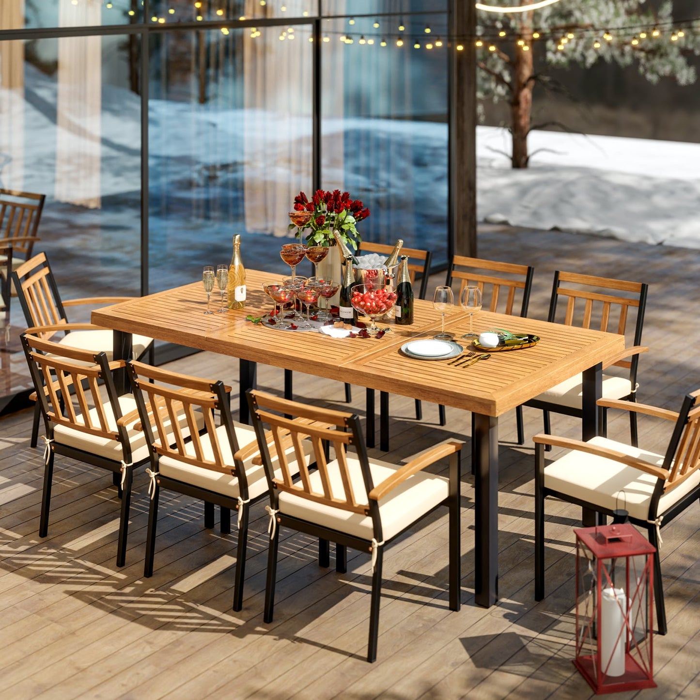 200 x 100cm Large Patio Dining Tablewith Acacia Wood Tabletop and Heavy Duty Metal Legs