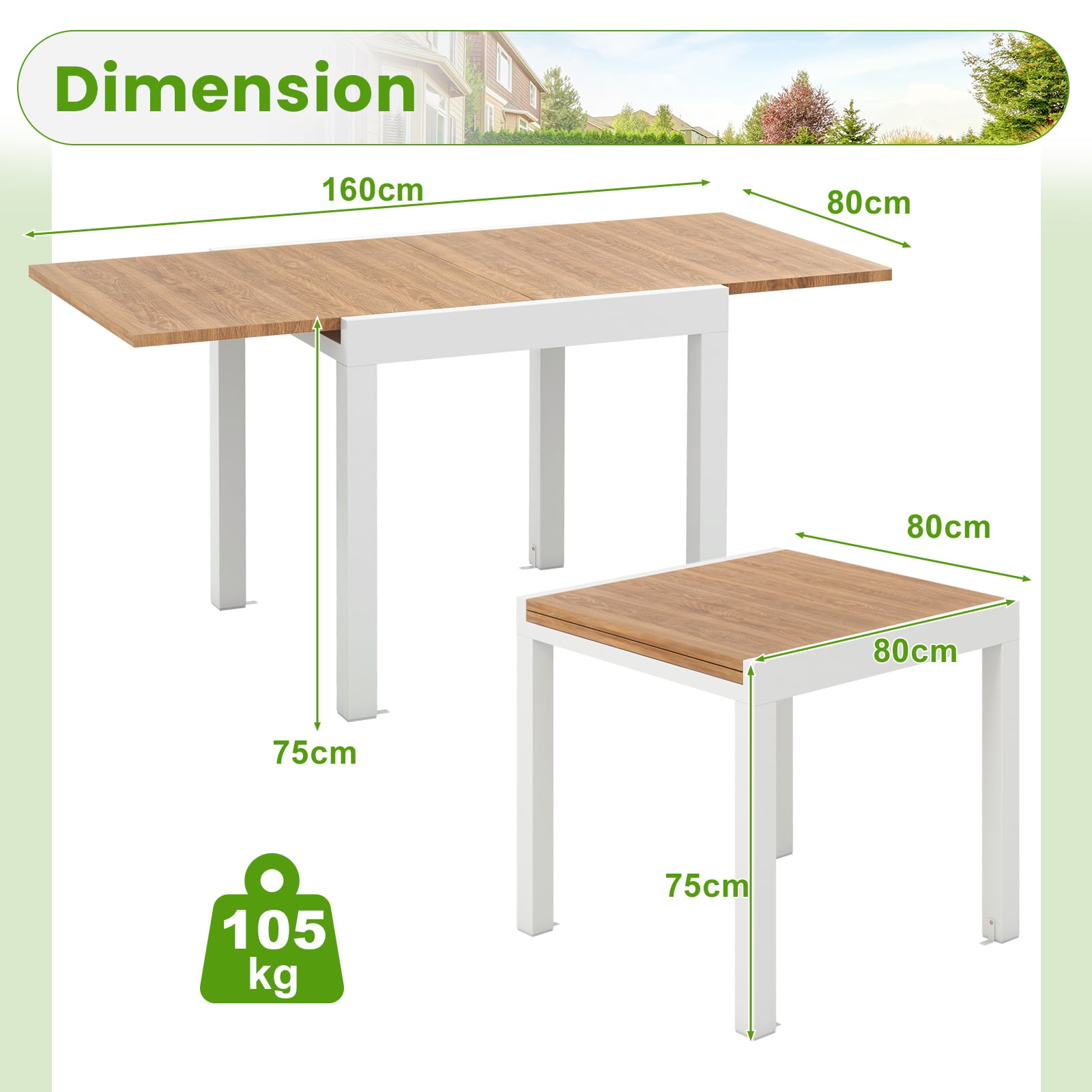 Patio Expandable Dining Table Rectangular Aluminum Dining Table for 4-6 Person-Natural