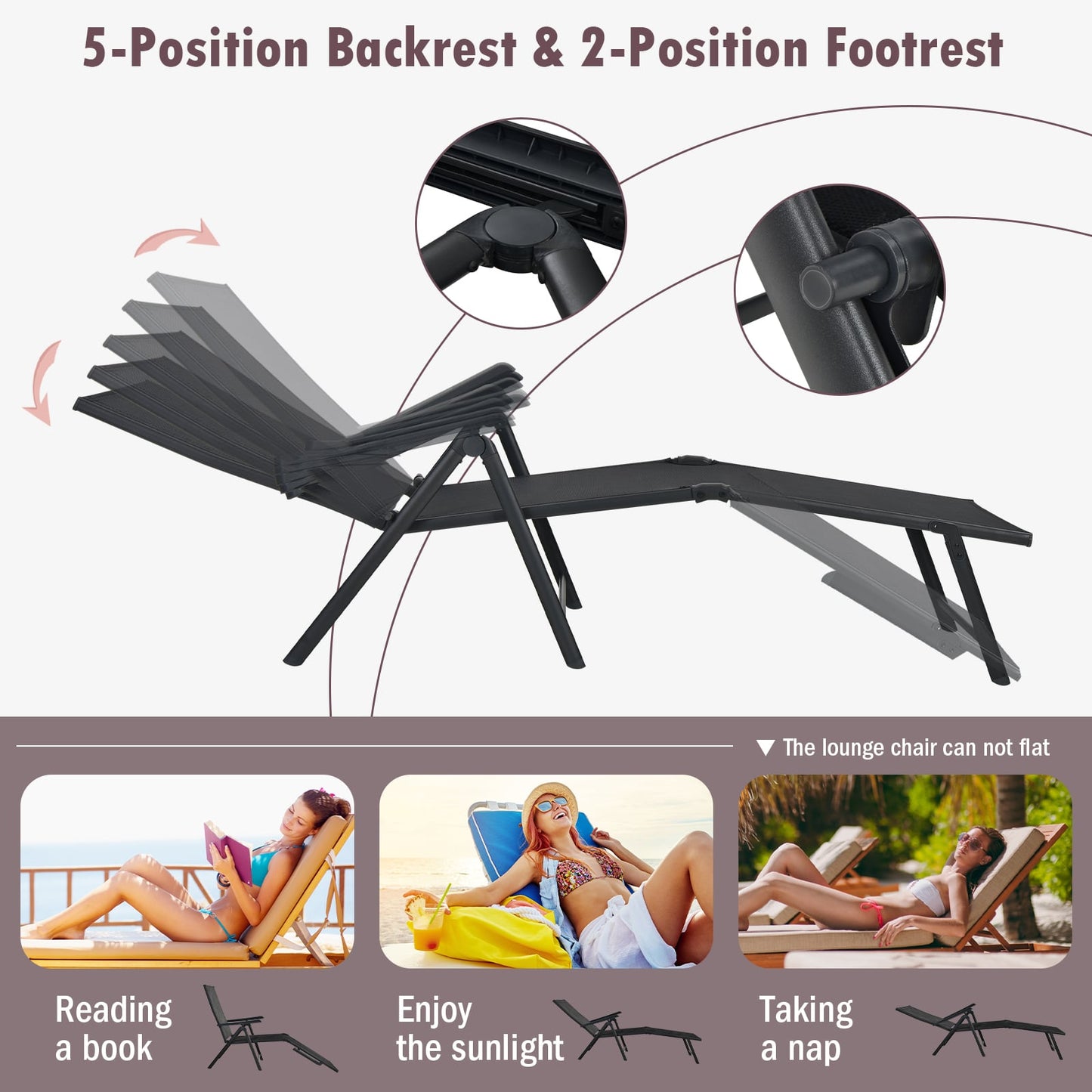 Patio Foldable Chaise Lounge Chair Reclining with Adjustable Backrest-Black-2 Pack