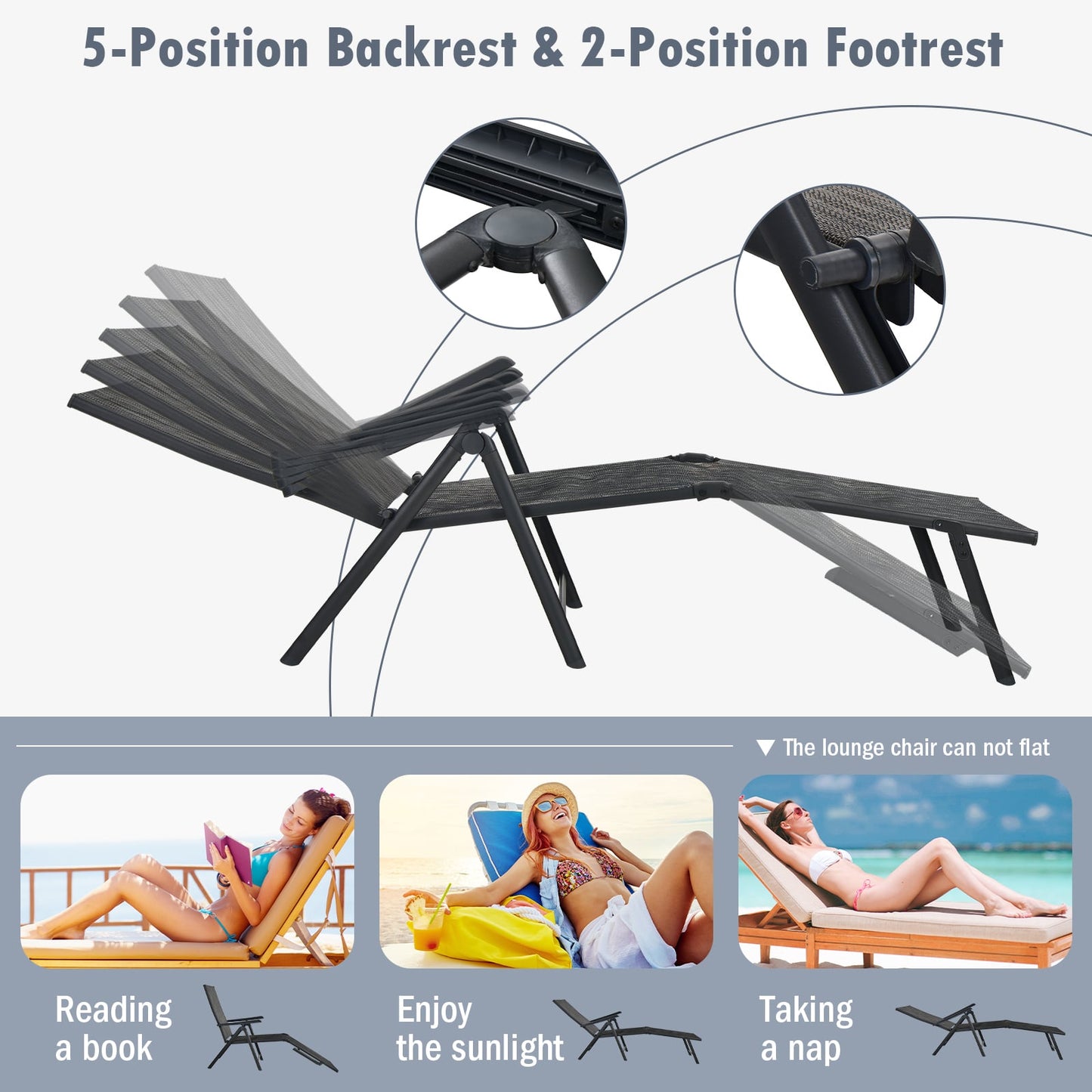 Patio Foldable Chaise Lounge Chair Reclining with Adjustable Backrest-Grey-2 Pack