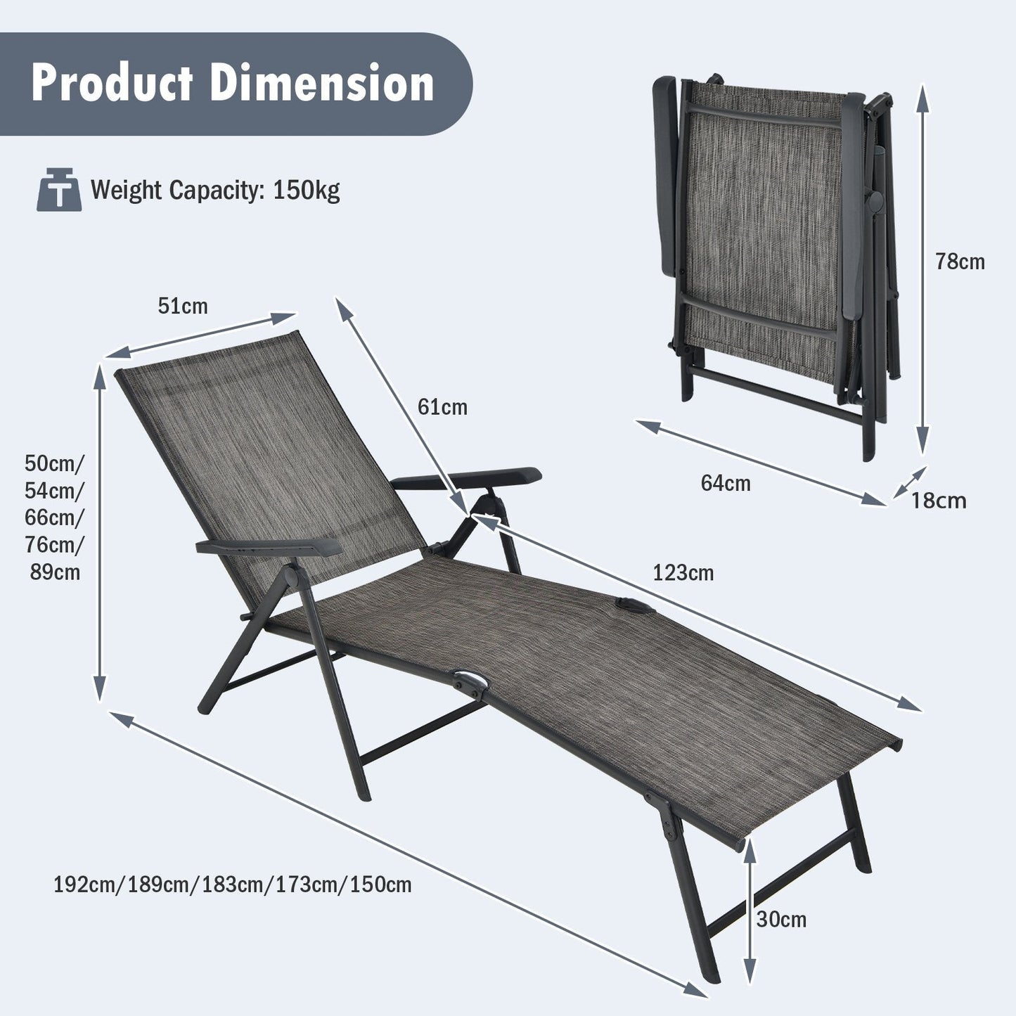 Patio Foldable Chaise Lounge Chair Reclining with Adjustable Backrest-Grey-2 Pack