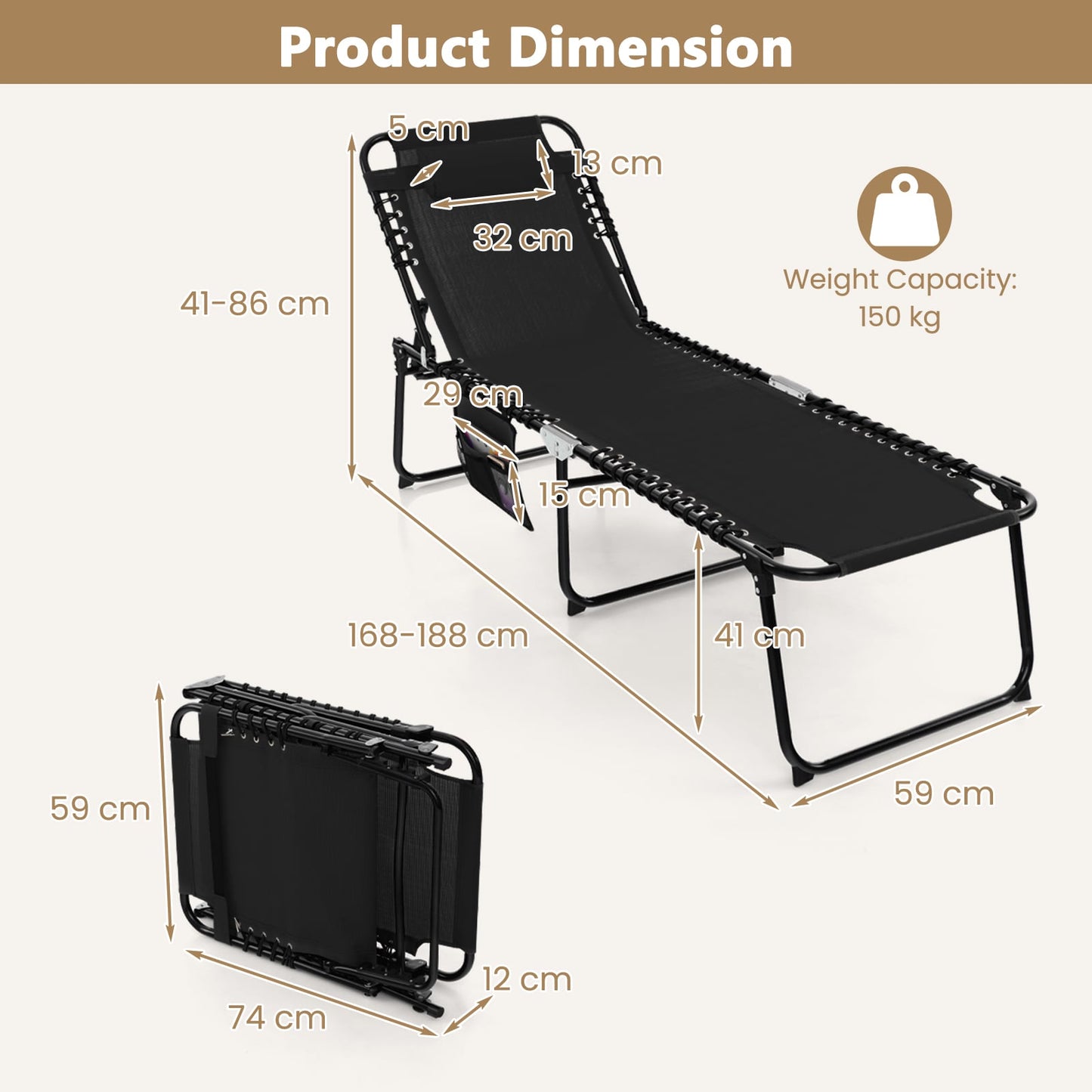 Patio Folding Chaise Lounge Chair Portable Sun Lounger with Adjustable Backrest-Black