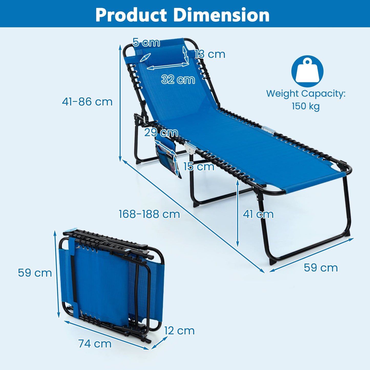 Patio Folding Chaise Lounge Chair Portable Sun Lounger with Adjustable Backrest-Navy