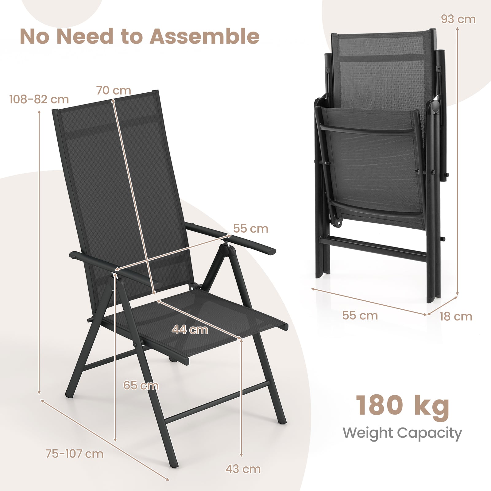 Patio Folding Dining Chairs Outdoor Sling Chairs with 7-Level Adjustable High Backrest-Black