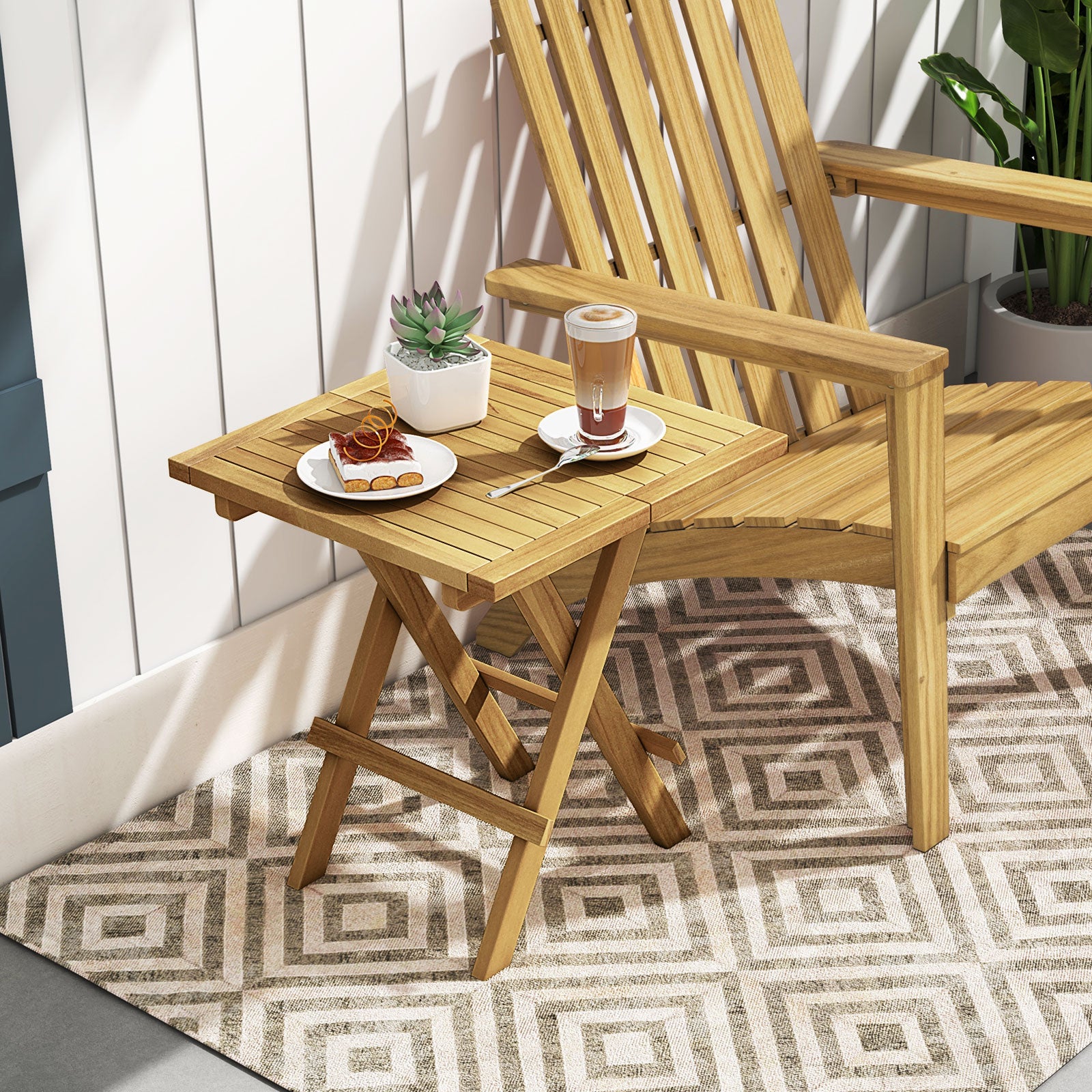 Patio Folding Teak Wood Square Coffee Table with X-shaped Legs