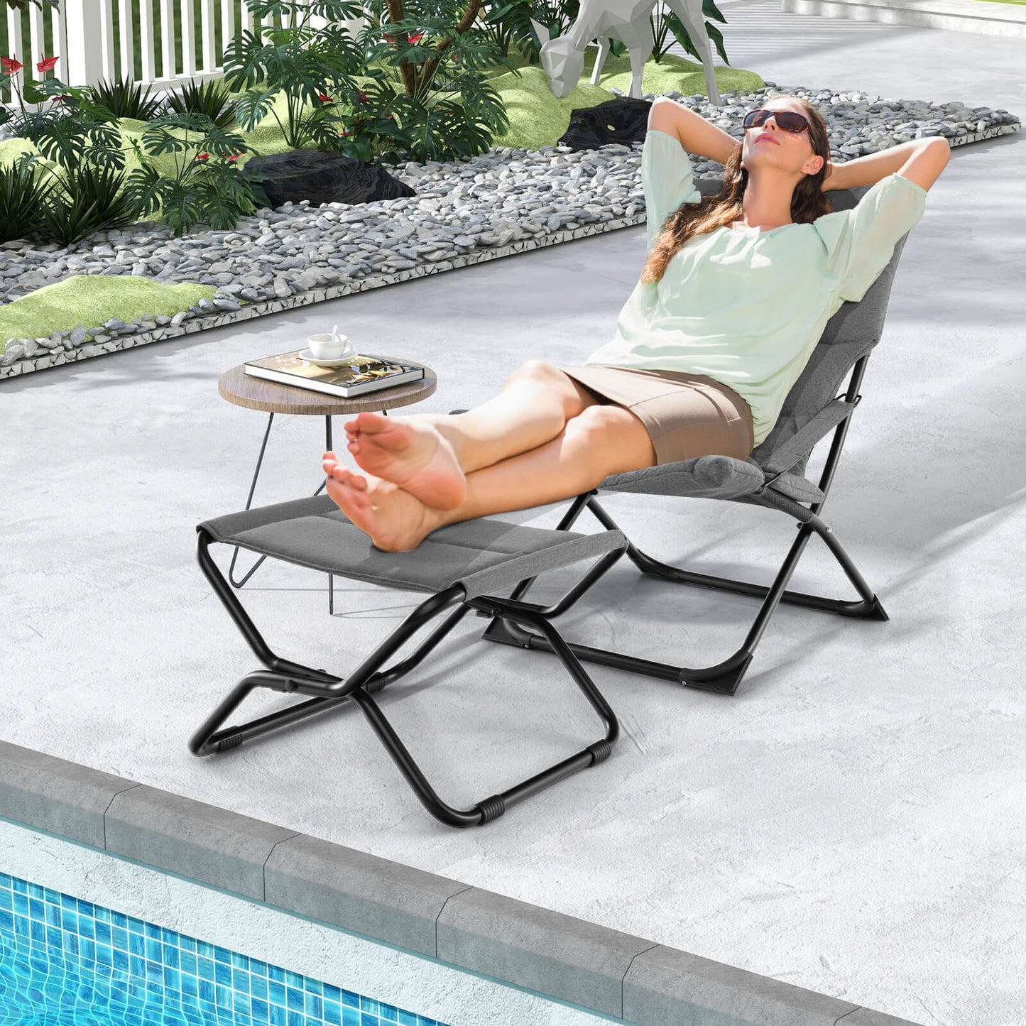 Patio Folding Sling Chair with Ottoman and with Removable Cushion-Grey