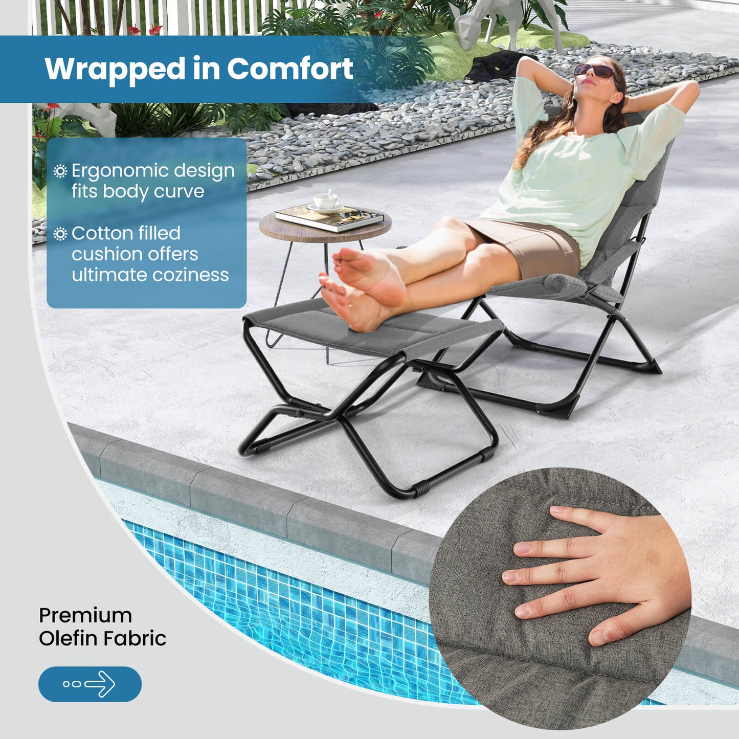 Patio Folding Sling Chair with Ottoman and with Removable Cushion-Grey