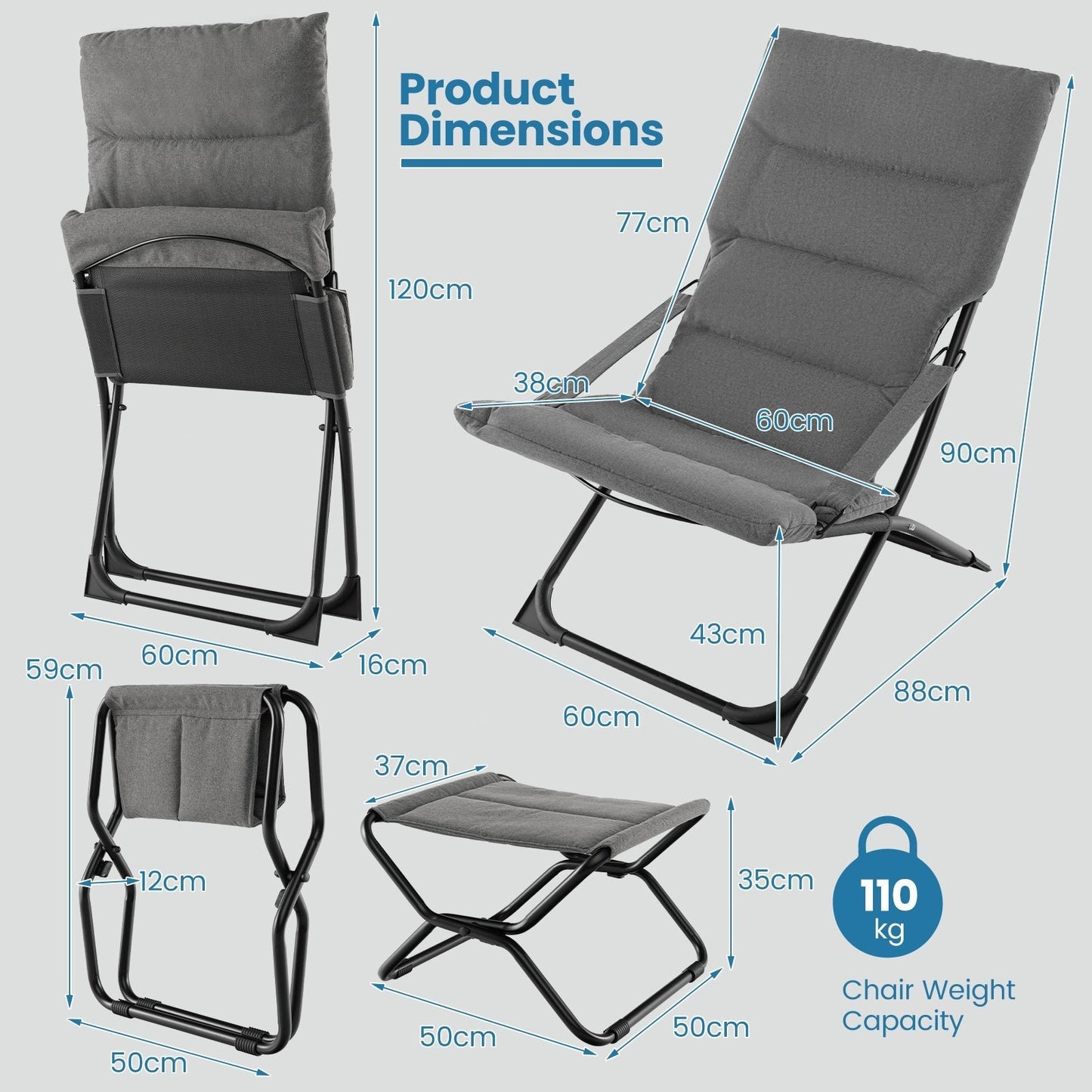 Patio Folding Sling Chair with Ottoman and with Removable Cushion-Grey